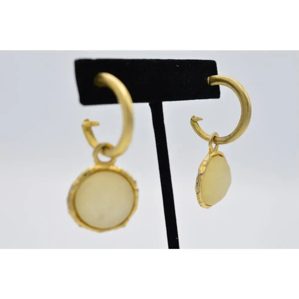 Vintage Cabochon Earrings Brushed Gold Dangle Frosted Milky Bead 1980s BinAA
